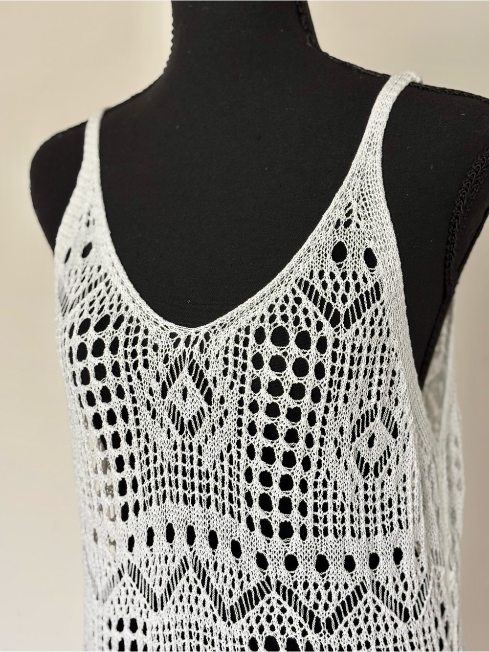 Women's White Crochet Knit Beach Cover Up Dress Sleeveless Hollow Out Dress - M